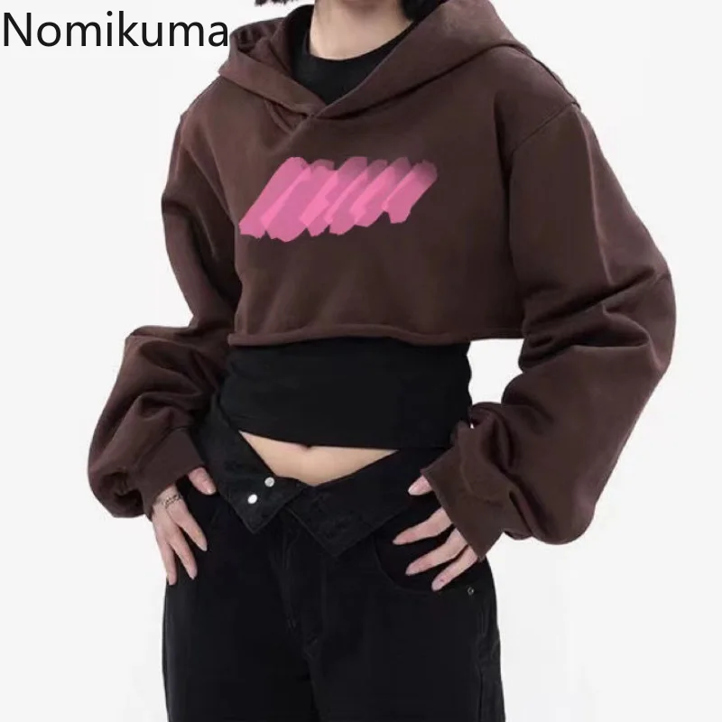 

Nomikuma Hoodies Women Spring Autumn High Waist Loose Contrast Color Sweatshirt Harajuku Vintage Sexy Fashion Y2k Streetwear