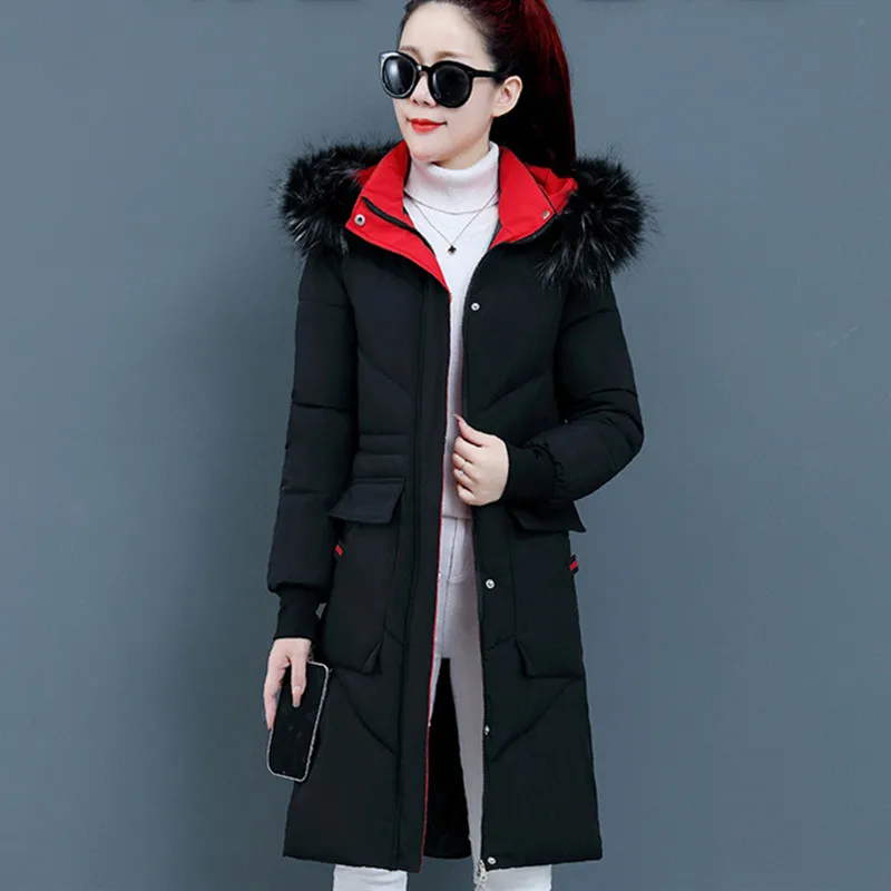 

Winter Polyester Women's Down Jacket Hooded Long Sleeve Cardigan Pockets Loose Solid Thick Fashion Office Lady Down Jacket