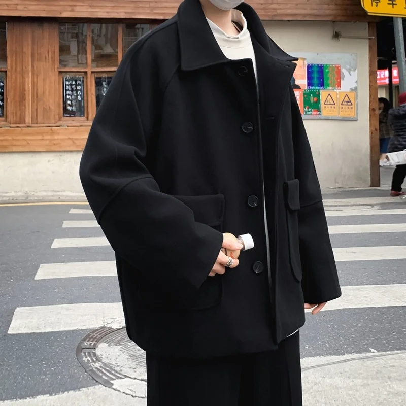 

Autumn Men Woolen Coats Turn Down Collar England Style Black Blends Overcoat Loose College Couple Warm Winter Wool Windbreaker