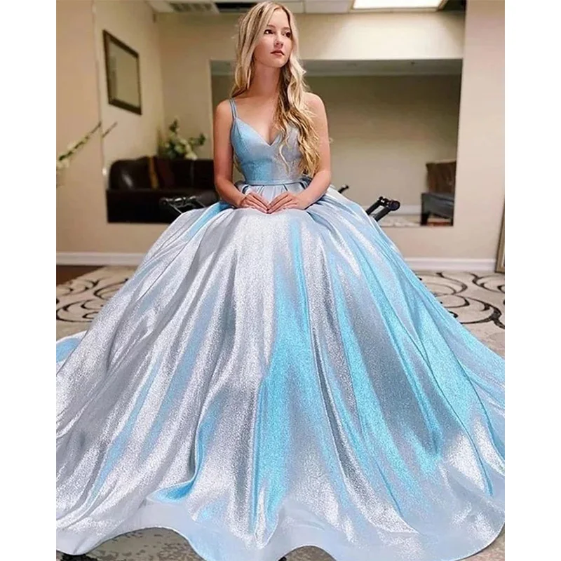 

Vestidos De Noche Shiny Satin A-line Luxury Gorgeous Sexy Formal V-neck Sleeveless Women's Party Evening Dress Sling Prom Gown