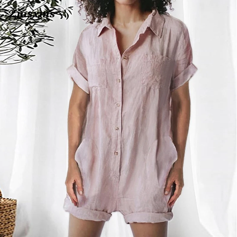 Комбинезон женский короткий из хлопка и льна, рубашка с отложным воротником, модный боди, повседневный свободный винтажный Ромпер, на лето