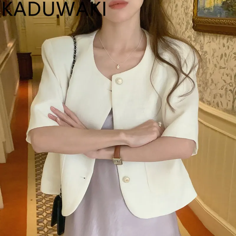 

Корейские укороченные блейзеры, женская верхняя одежда с коротким рукавом, летняя тонкая женская Свободная элегантная шикарная НОВАЯ шикарная верхняя одежда с круглым вырезом
