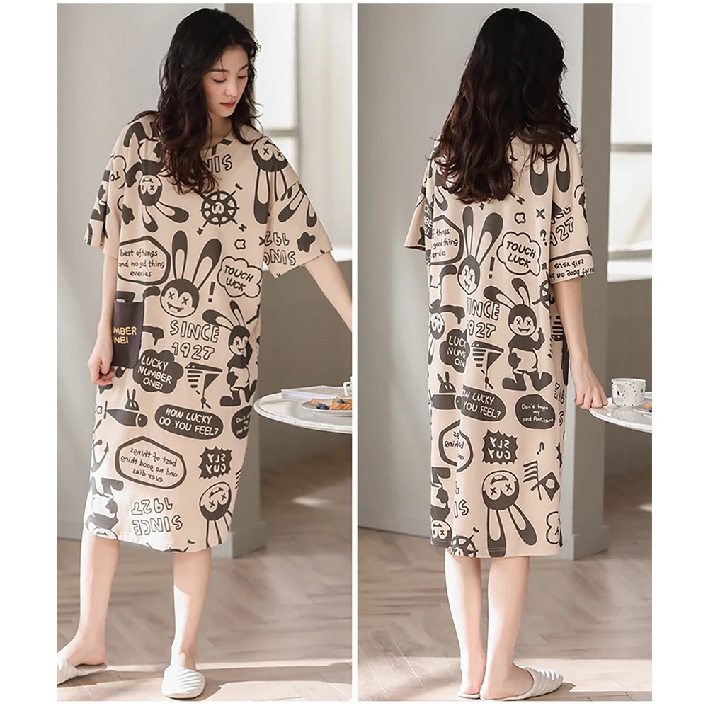 Sweet Girl Cartoon 100% Cotton Soft Sleepwear Casual Long One-piece Night Dress Gown Summer Breathable Women's Nightie Nightwear