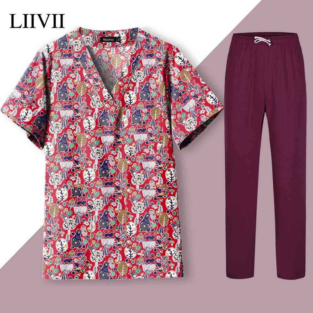 

Print Uniform Medical Scrubs Tops Spa Pet Shop Work Shirts Grooming Clothes Institution Medical Clinic Unisex Nurse Blouse Pants