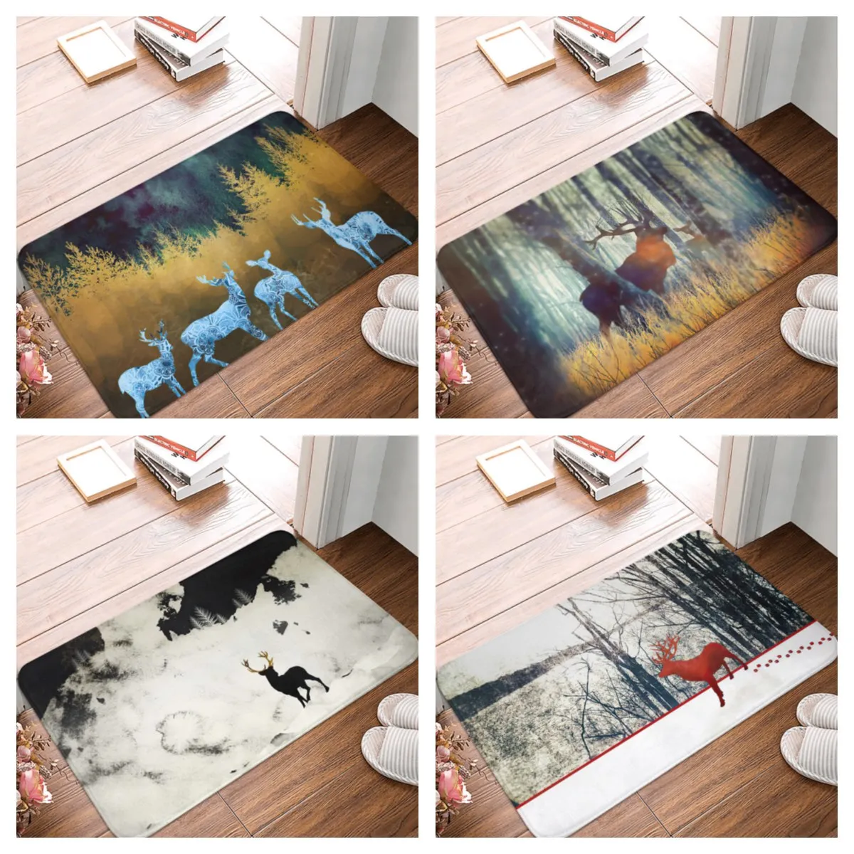 

1Pcs Cute Animal Elk Deer Printed Flannel Floor Mat Bathroom Decor Carpet Non-Slip For Living Room Kitchen Welcome Doormat