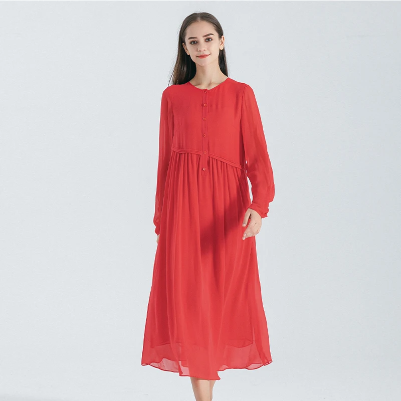 

True Red Double Layer Georgi Mulberry Silk Round Neck Long Sleeve Half Lapel Loose Edition Casual Silk Dress Autumn AE1753