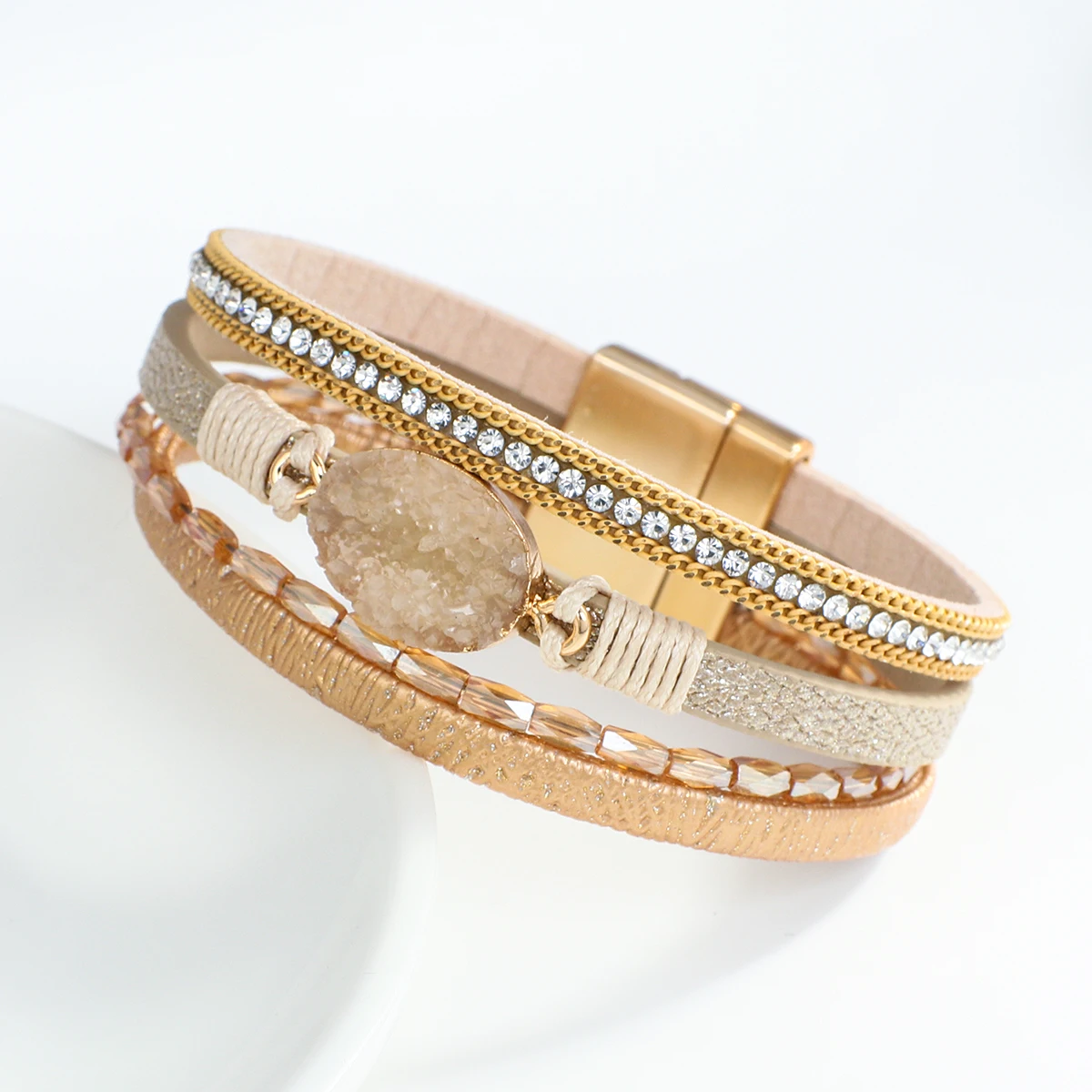 Amorcome Layered Leather Wrap Bracelet Boho Druzy Resin Stone Crystal Bead Charm Bracelets Magnetic Clasp Jewelry Gift for Women |