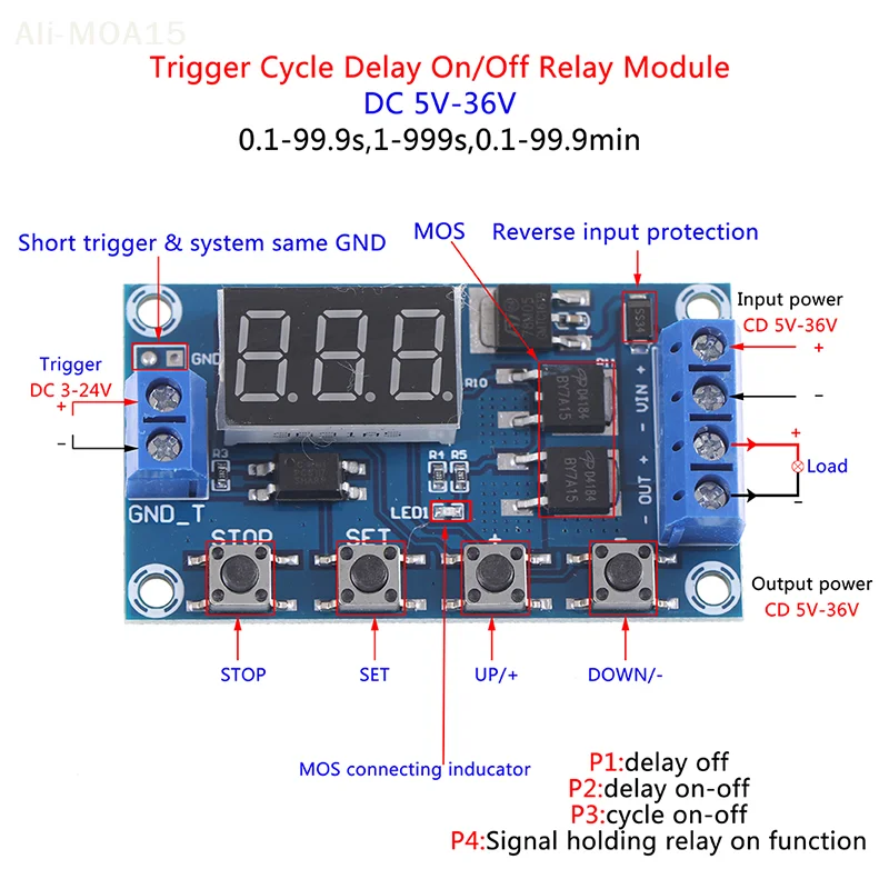 

DC 6-30V Dual MOS LED Digital Time Delay Relay Switch Module Circuit Board