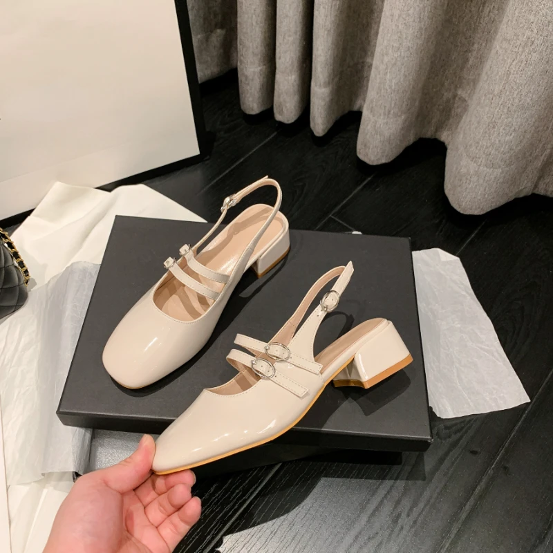 2023 Summer New Back Empty Baotou Sandals French Retro Square Toe Shallow Mouth Double Breasted Mary Jane Sandals