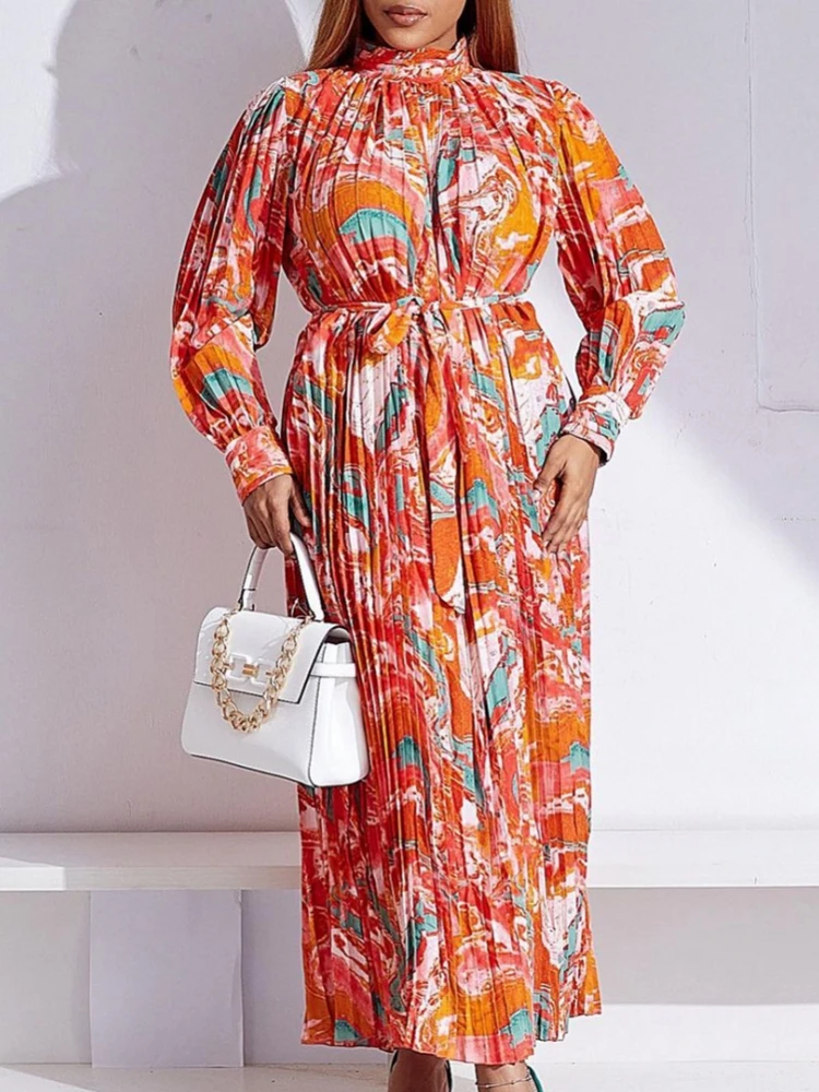 Африканские платья для женщин Дашики с длинным рукавом Новинка Осень Плиссированные модные элегантные офисные женские длинные платья с широкой юбкой с поясом