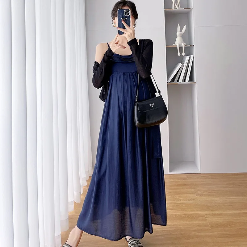 Maternity Dress Women's Suspender Dress Long Fashion French Vintage Cardigan Irregular Design Fairy Loose Comfort Versatile