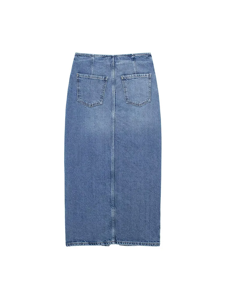 

PB&ZA Women New Fashion Zipper Denim Midi Skirt Retro High Waist Pocket Split All-Match Casual Chic Female Skirts Mujer