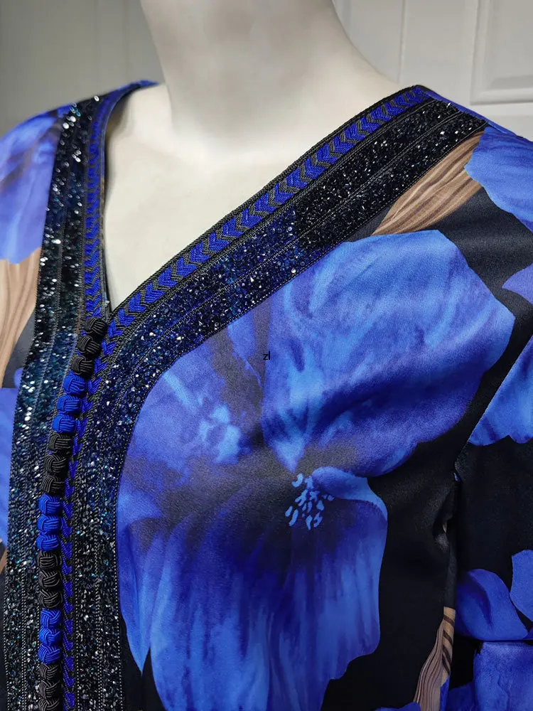 Floral Abaya Arabic Long Dress Braided Trimming Print Dubai Abaya Muslim African Dresses Saudi Gulf Loose Robe Jalabiya Kaftan