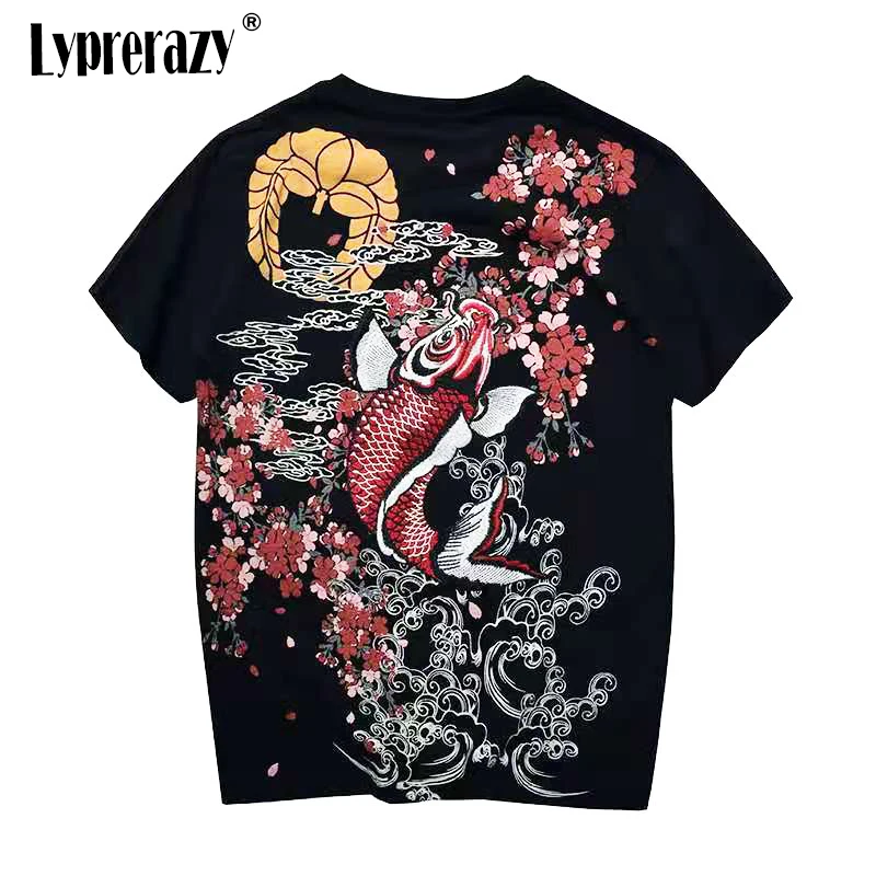 

Lyprerazy японский Harajuku Ukiyoe винтажная вышитая Футболка мужская с коротким рукавом в китайском стиле с вышивкой карпа рыбы
