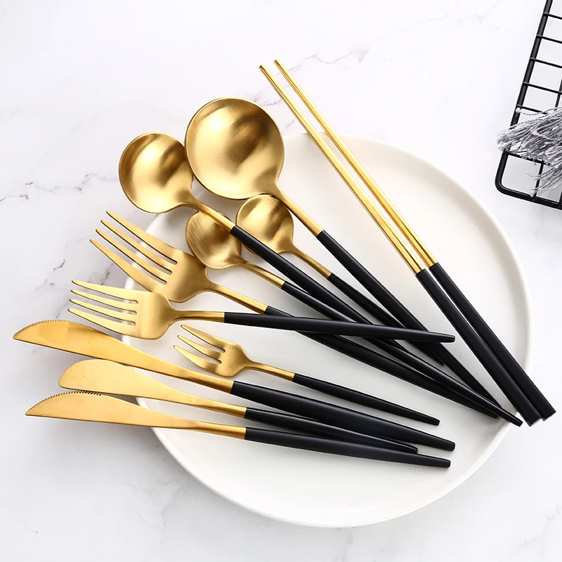 

Black Gold Cutlery Set Steak Knife Fork Coffee Spoon Steel Dinnerware Teaspoon Dessert Ice Chopsticks Stainless