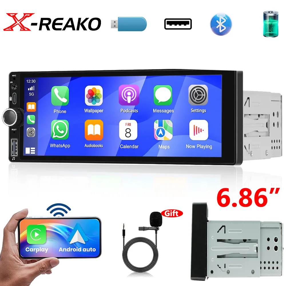 Фото X-REAKO 1 Din автомобильное радио, беспроводное CarPlay Android Auto MP5 6,86 дюймов, HD сенсорный экран, аудио, Bluetooth, USB, Тип C, зеркальное соединение №1