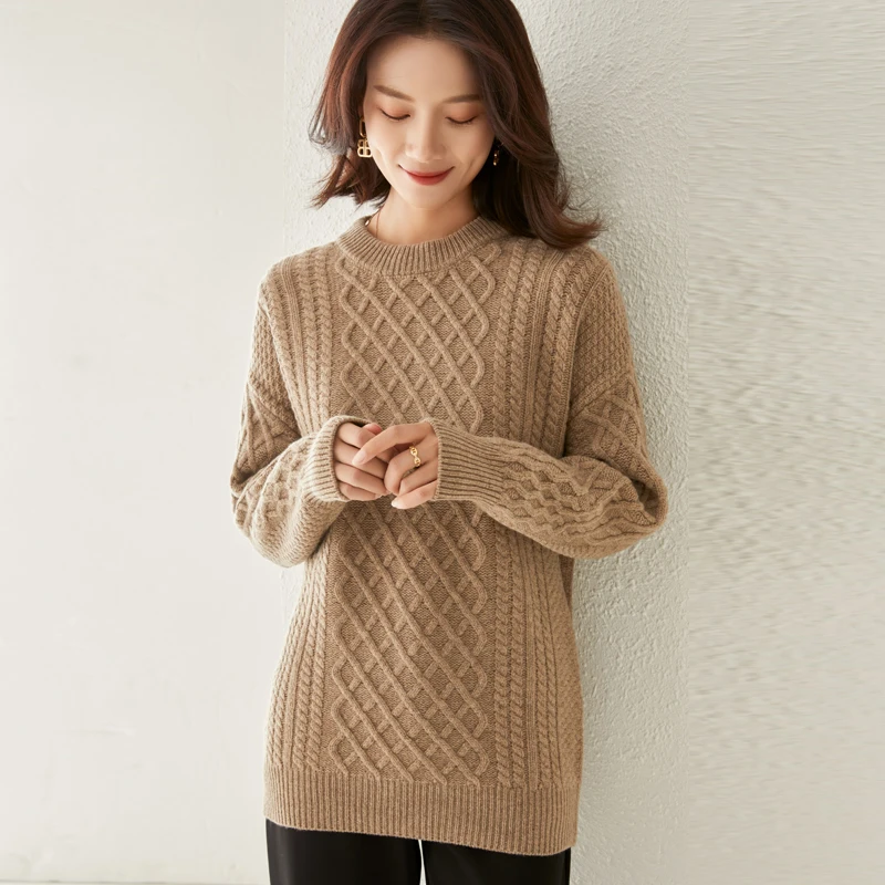 Autumn Winter New Women's Crew Neck Sweater 100% Pure Wool Pullover Knitted Undercoat Loose Thickened Versatile Cashmere Shirt
