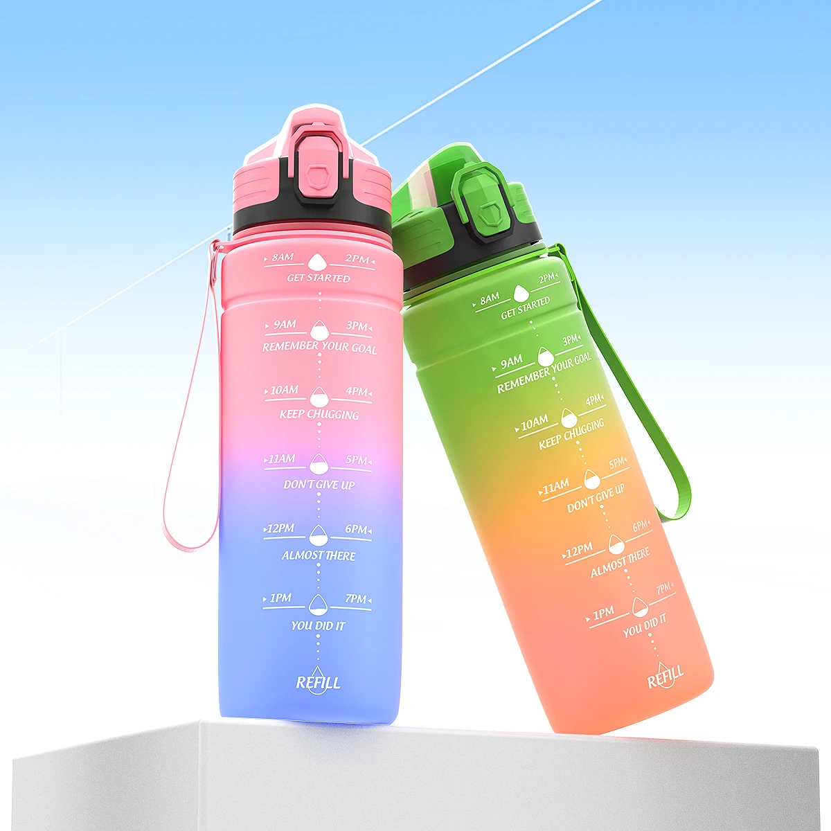 1L Bottle With Time Marker 500ML Motivational Reusable Fitness Sports Outdoors Travel Leakproof BPA Free Frosted Plastic