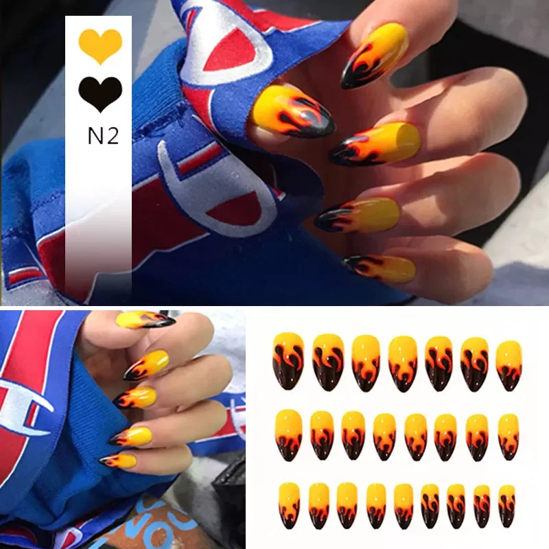 

4 Fire Patterns Design Cool Girls Hand Decorative False Nails with Glue Full Cover Detachable false nails with designs