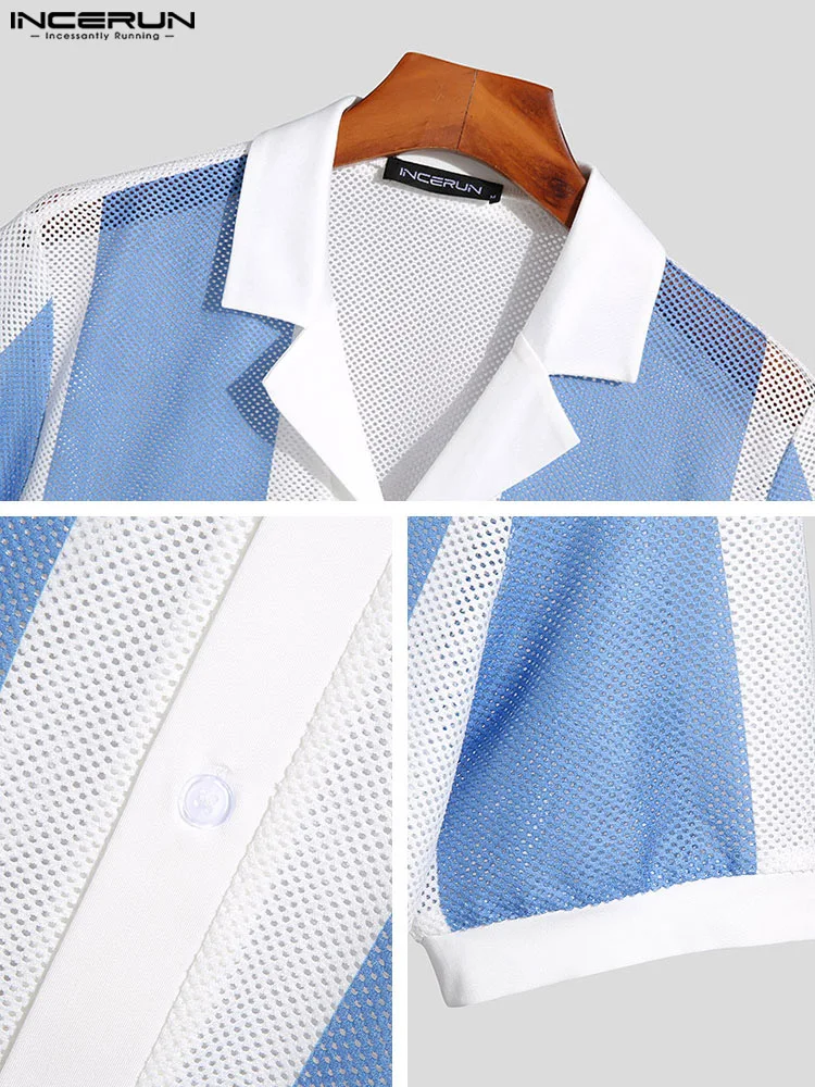 Korean Style New Men Knitted Contrast Blouse Fashion Casual Male Tops INCERUN 2022 Short-sleeved Lapel Button Thin Shirts S-5XL