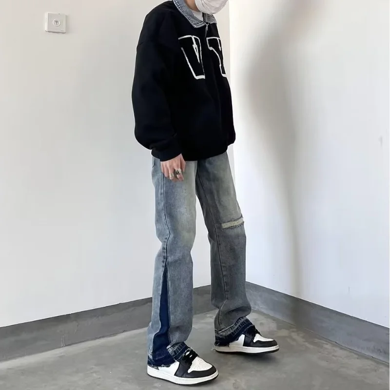 DEEPTOWN Patchwork Jeans Men Classic Hole Cross Straight Denim Pants Hip Hop Casual Loose Trousers Male Washed Fashion Spring