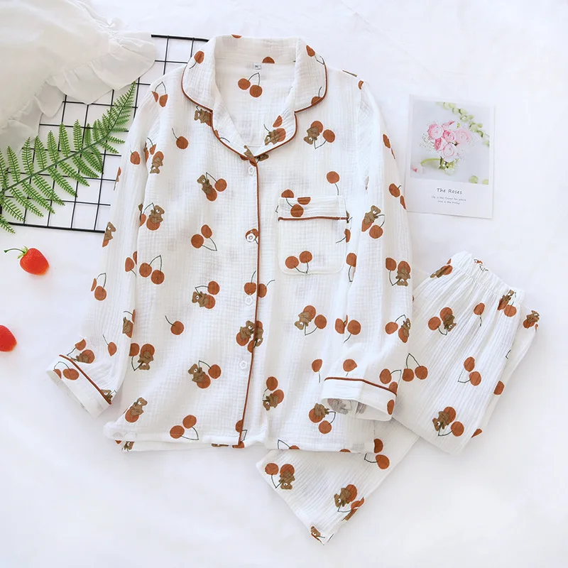 Cartoon Lapel Pajamas Lady Washed Crepe Spring Thin Double Gauze Home Clothes Cotton Suit Two Piece Set Summer  Clothing Women