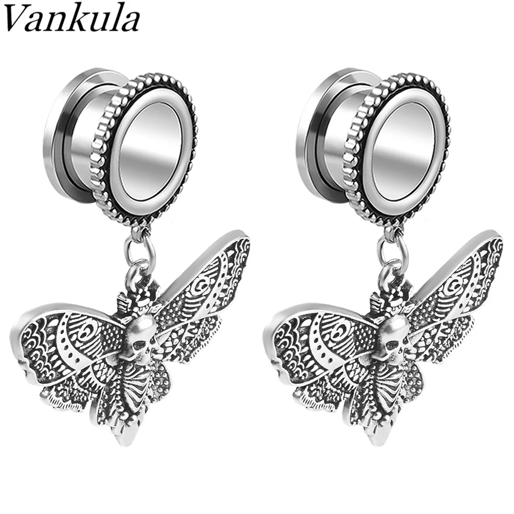 

Vankula 2PC Stainless Steel Skull Moth Dangle Ear Plugs Tunnels Gauges Stretcher 2g 0g Piercing Body Jewelry