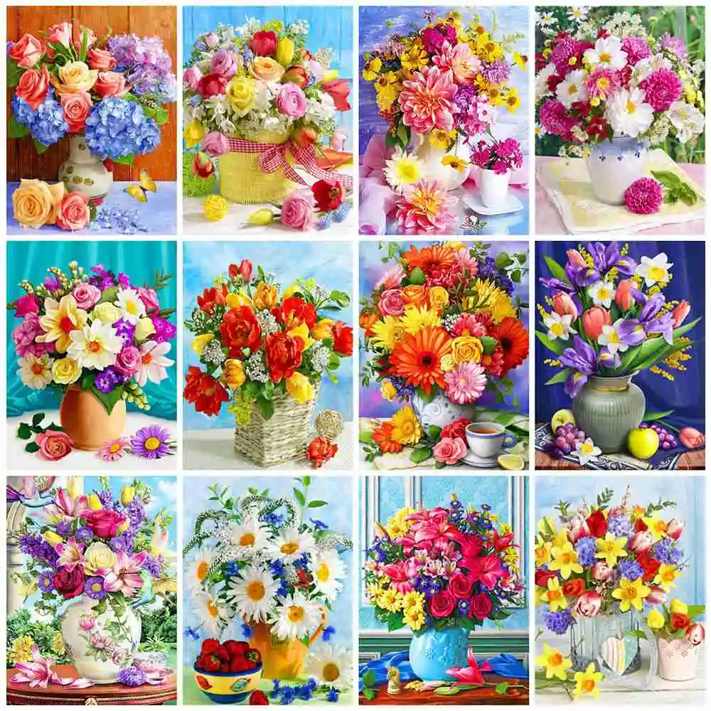 

HUACAN Flower Diamond Painting Rose Peony Full Diamond Mosaic Vase Embroidery Complete Kit Wall Decor Art 5D DIY