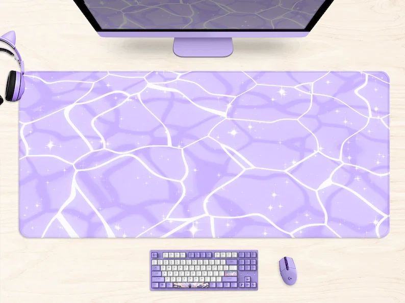 

Purple Desk Mat Kawaii, Anime mouse pad cute aesthetics, pastel pink/lilac ocean waves water, xl extra large gaming deskmat, cut
