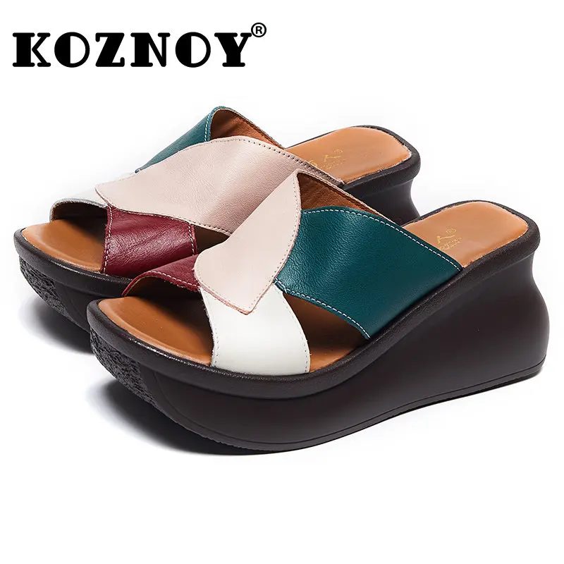 

Koznoy 7cm Mocasins Summer Slippers Women Platform Wedge Genuine Leather Peep Toe Multicolor Fashion Ethnic Mixed Color Shoes