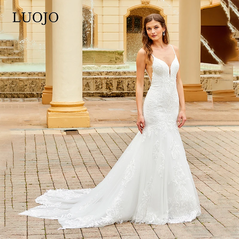 

LUOJO Mermaid Spaghetti Straps Wedding Dress V-neck Tea-length Appliques Bridal Gowns For Charming Women Vestido De Noiva Custom