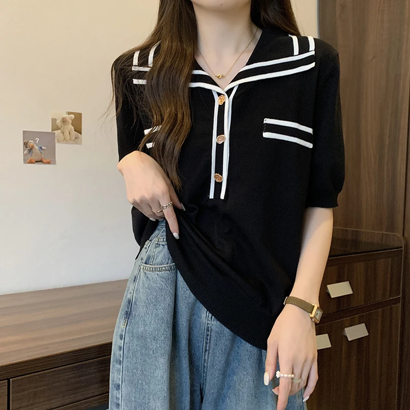 

Women clothing Stripe Knitted Sweater Oversized short sleeve Sweater Women Casual Knitwear Female Pullover sueters de mujer