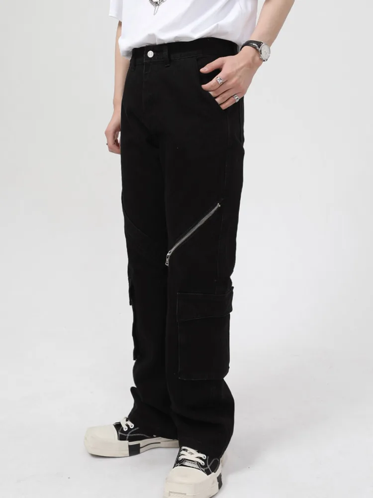 

SYUHGFA Men Clothing 2022 Spring Autumn Korean Streetwear Fashion Straight Jeans Casual Denim Trousers Zipper Cargo Pants
