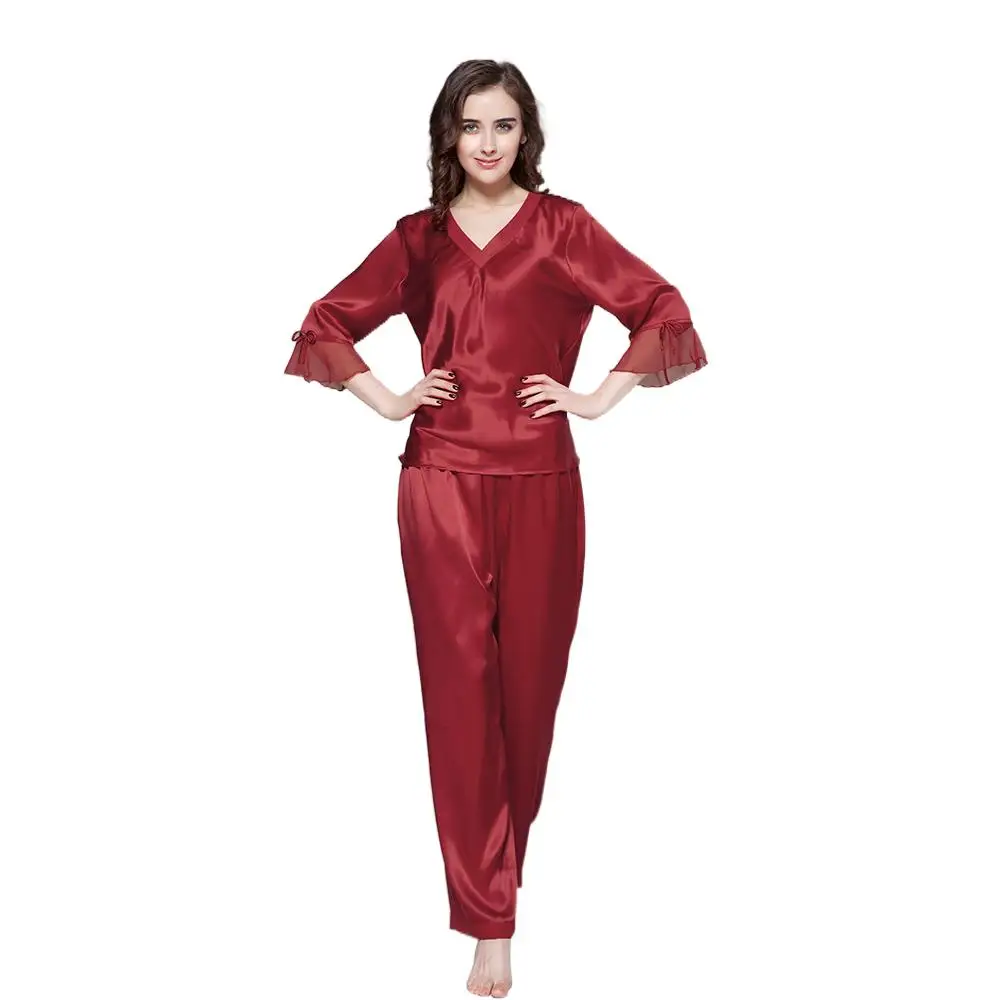 

Luxury 100% Real Silk Pajamas Set Women Natural Long Sleeves Solid Sleepwear Female Comfortable Leisure Elegant Home Clothes