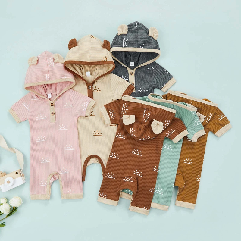 

Newborn Infant Baby Boy Girl Summer Fashion Romper Sun Printed Hooded Jumpsuit 6Colors Clothing