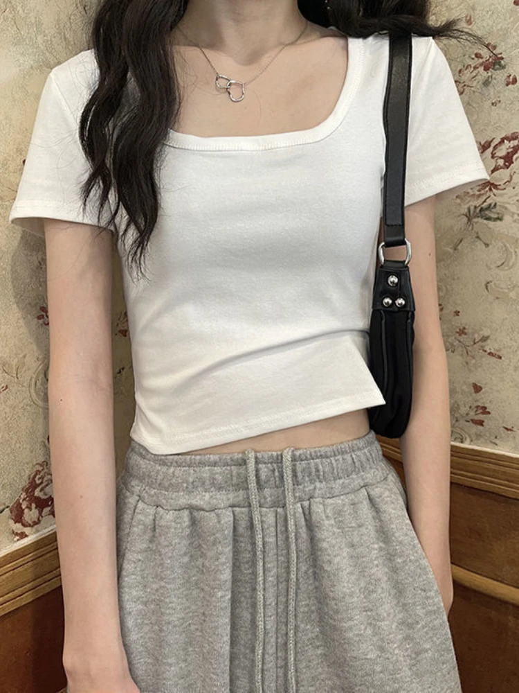 

Squre Collar T Shirt Fashion Tank Top Solid Crop Tops Women Camis Summer Casual Camisole Lady Tshirt All-match Short Sleeve Tee