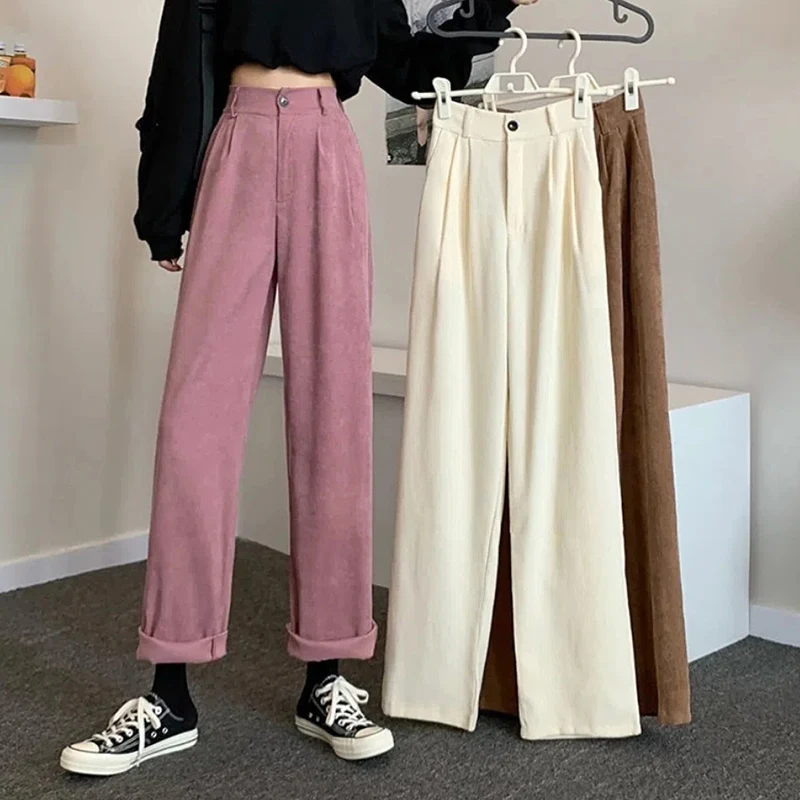 Wide Leg Straight Pants Women 2022 High Waisted Warm Plush Trousers Woman Autumn Winter Loose Corduroy Pants Mujer