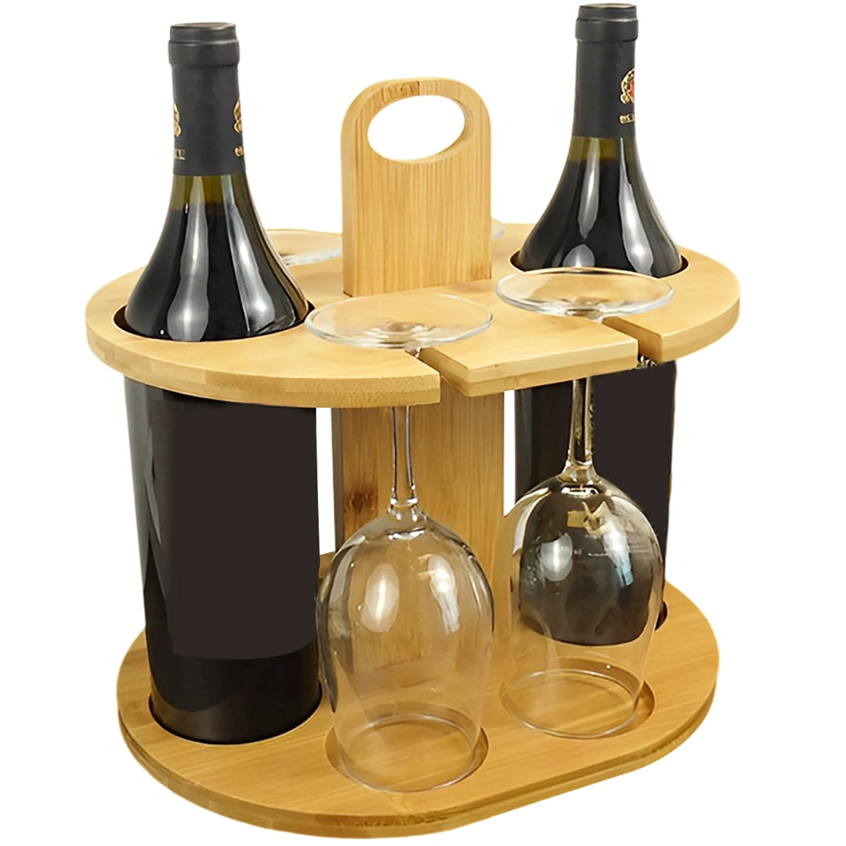 

New Wooden Wine Rack with 4 Wine Glass Holders and 2 Bottle Holders Portable Wine Rack Shelf with Handle Rustic Compact Wood