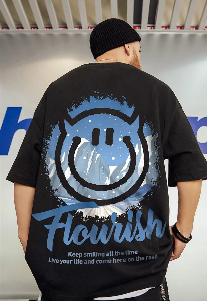 

European oversize Street smiling face short sleeve t-shirt men's fashion brand trend large fat loose half sleeve fashion