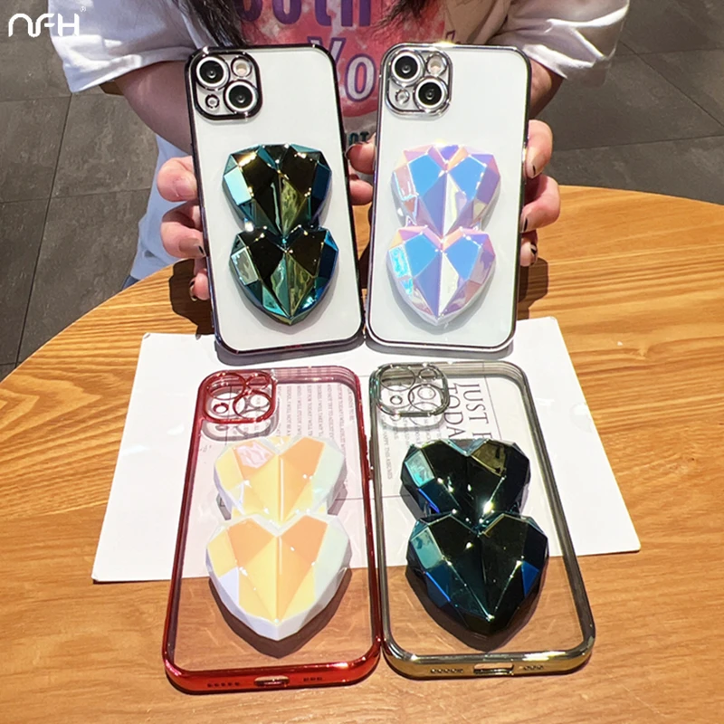 

3D Plating Diamond Folding Stand Phone Case For iPhone 11 12 Mini 13 14 Pro X XR XS Max Luxury Clean Protector Cover On 7 8 Plus