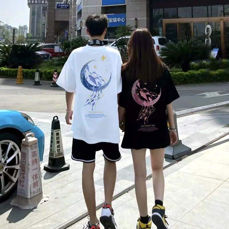 

Summer Korean Tee Fashion Starry Sky Harajuku Women Short Sleeve T-shirt Blue Whale Graphic INS Loose Large Size Couple Clothing