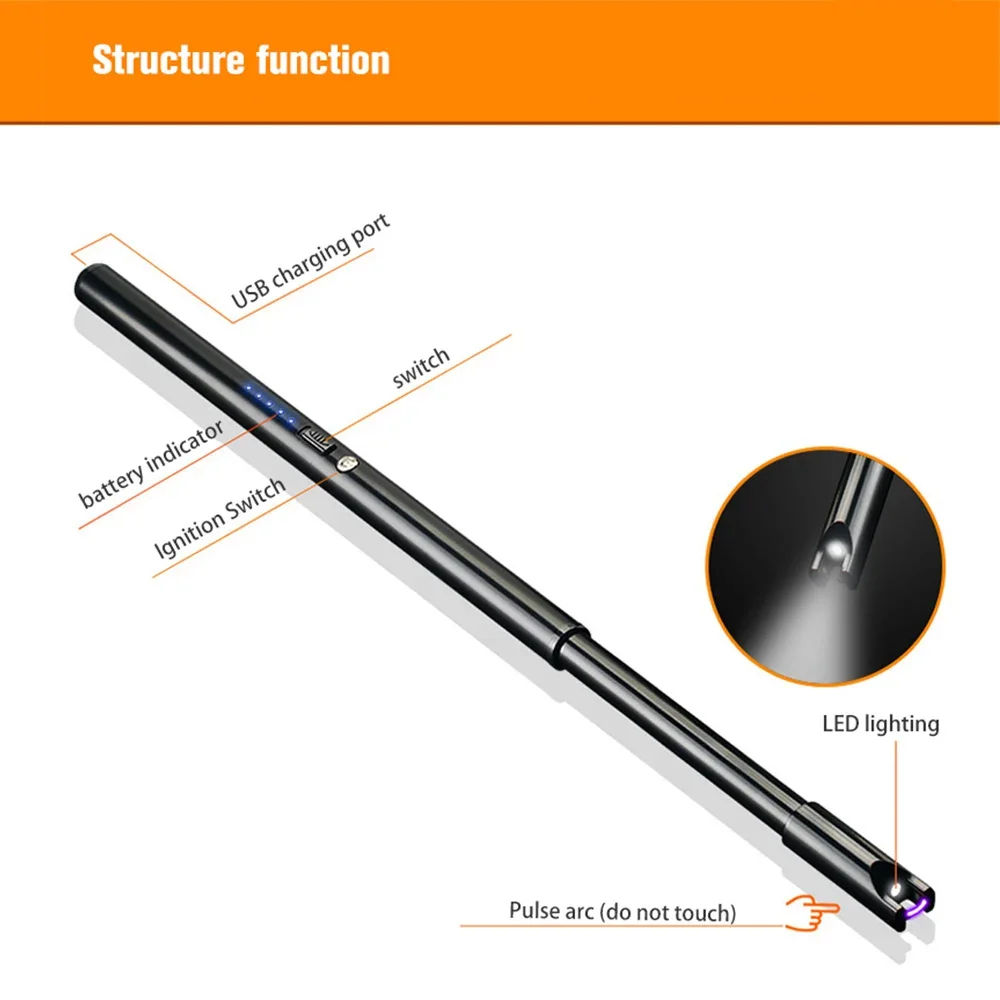 Удлиненная электрическая зажигалка ветрозащитная дуговая с USB-зарядкой