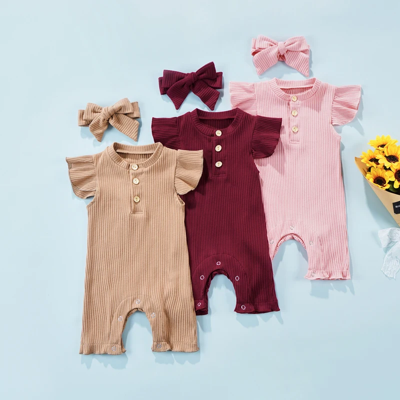 

Детский комбинезон с рукавами-лодочками + повязка на голову, однотонный Повседневный Стильный Простой комбинезон на пуговицах с украшением...