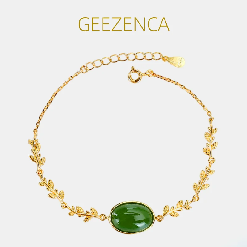 

GEEZENCA Natural Jasper S925 Silver Leaf Bracelet Women Oval Green Jade Stone 18K Gold Luxury Chic Chain Bracelets 2023 New Gift