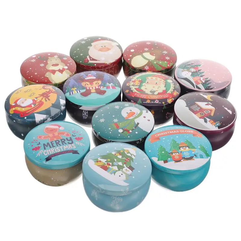 

12pcs Tinplate Containers Christmas Small Candle Cans Candle Jar Candle Tins Metal Xmas Gift Box Coin Storage Party Supplies