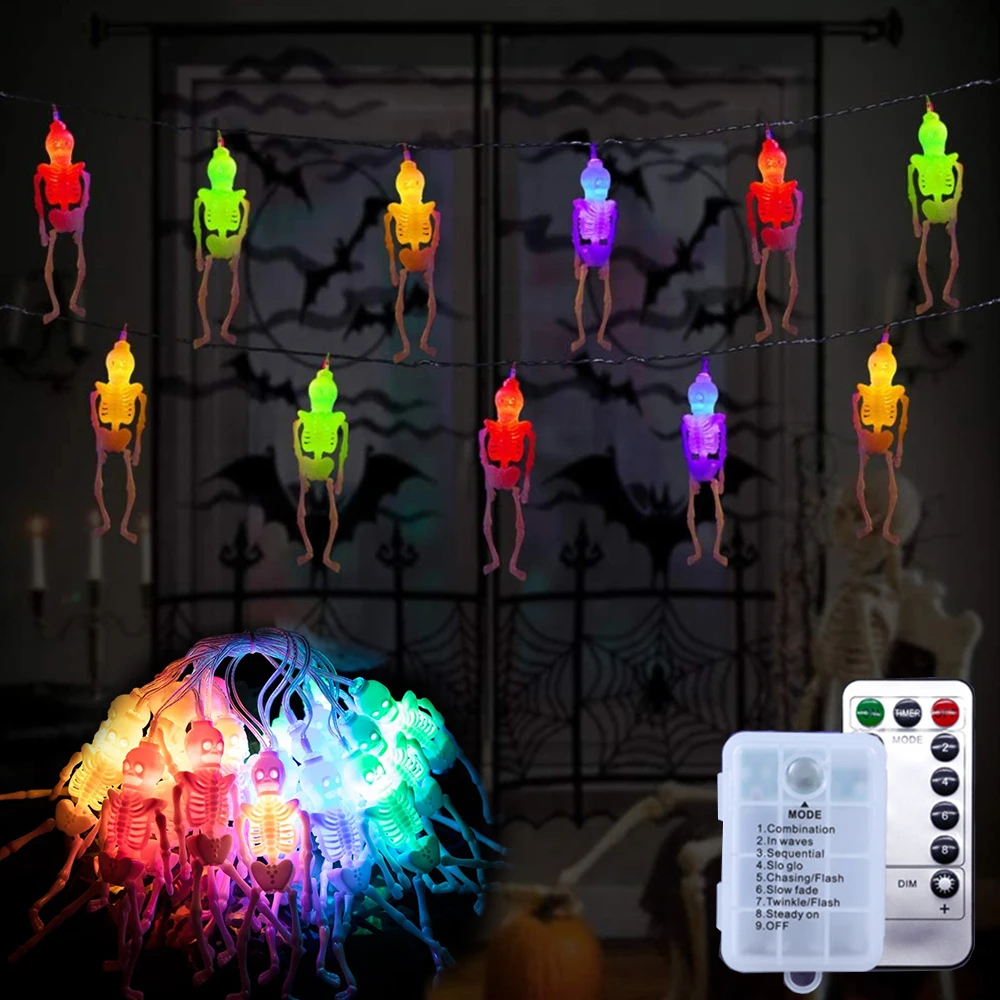 

20LEDs 10LEDs Halloween Skull String Lights LED Ghost Festival Horror Light Remote Control 8 Modes for Holiday Home Party Decor
