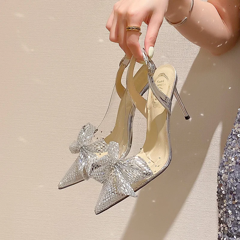 

Летние свадебные туфли стразы из ПВХ с бантом и острым носком на толстом каблуке свадебные туфли на шпильке для вечеривечерние под платье У...