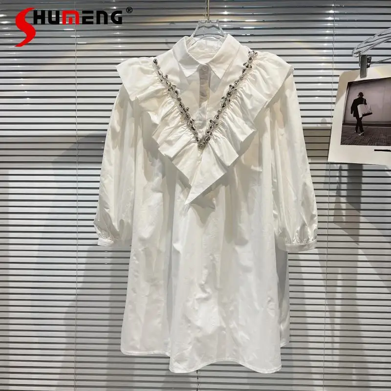 

2022 Summer New Ladies Elegant Classic Style Drop-Shaped Diamond Dress Women Fashion Ruffles Puff Sleeve Mid-Length Shirt Dress