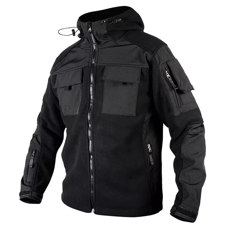 

2023NEW Brand Tactical Fleece Jacket for Men Military Camouflage Outdoor Multi Pockets Hood Fall Warm Black Jacket Softshell Coa