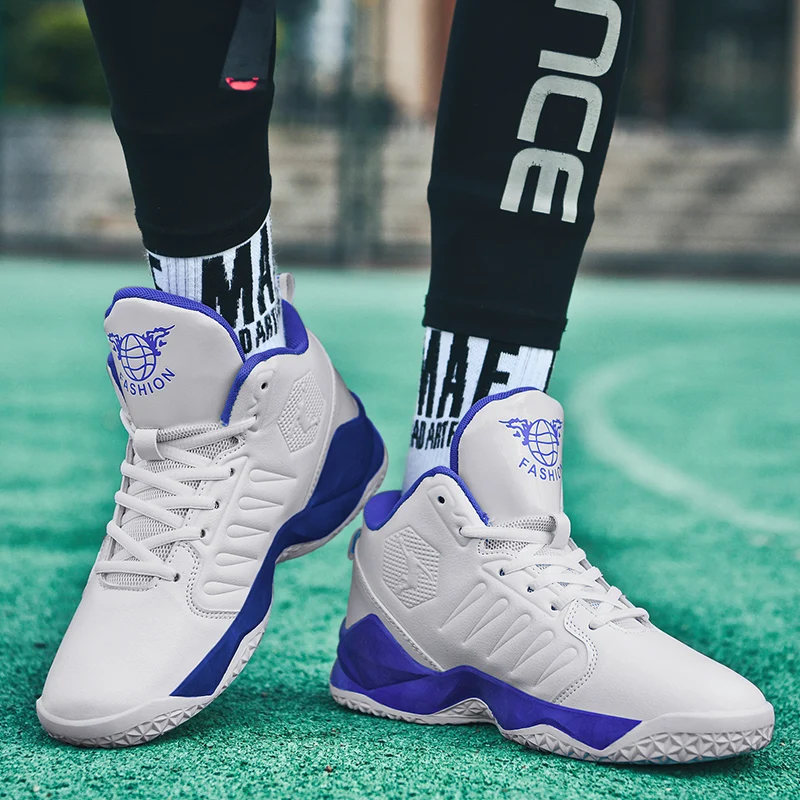 New Men Basketball Sneakers Higher Bottom Medium Cut Leather Waterproof Teenagers Shoes Men's Wear Resistant Training Footwear